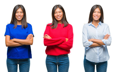 Collage of asian young woman standing over white isolated background happy face smiling with crossed arms looking at the camera. Positive person.