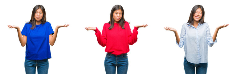 Collage of asian young woman standing over white isolated background clueless and confused...