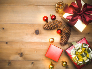 christmas decoration with wood  background.gift box top view on wood table.snow graphic pattern.