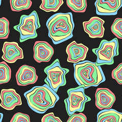 Wavy Deformed Spots. Purple Abstract Background. Seamless Pattern with Distorted Circles. Vector Psychedelic Illustration with Colorful Rounds. Wave Seamless Pattern for Fabric, Textile, Cloth Design.