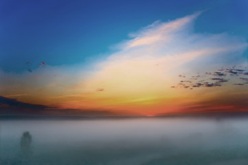 beautiful sky at dawn in the fog