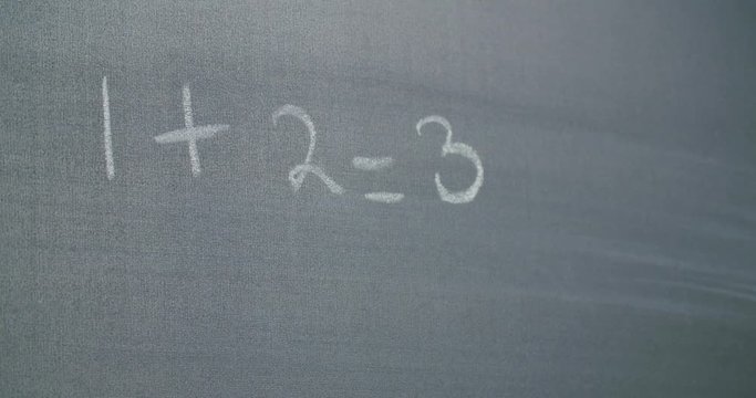 Hand doing a basic math calculation on a chalk board - one plus two.