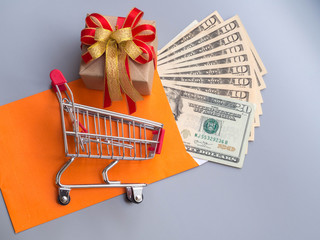money bank note gift and shopping cart concept copy space