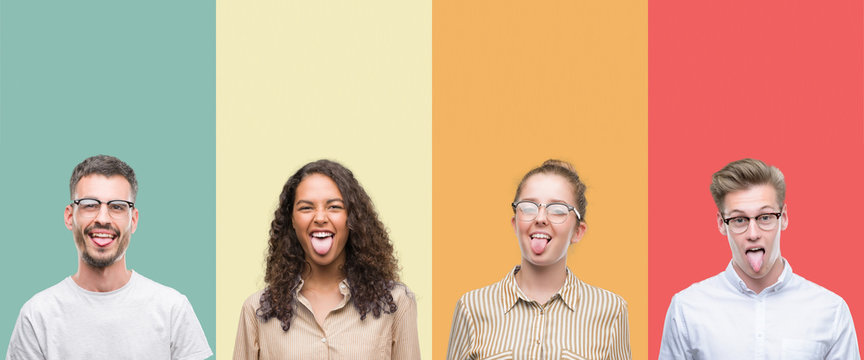 Collage of a group of people isolated over colorful background sticking tongue out happy with funny expression. Emotion concept.