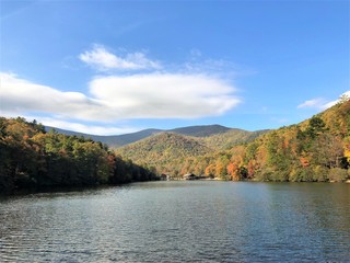 Fantastic view of colorful mountain with reflection in the lake at Vogel State park with blue sky white clouds on the background, Autumn in GA USA.