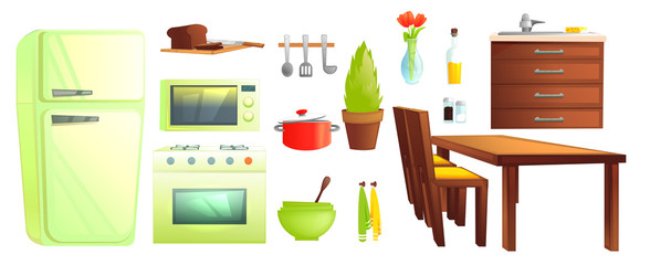 Kitchen furniture and tableware. Dishes and interior objects like microwave and fridge, saucepan, table with chairs, plant 