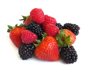 Obraz premium Fresh strawberry, raspberry and blackberry on wooden background, healthy food and diet.