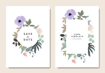 Fototapeta premium Floral wedding invitation card template design, bouquets of purple anemone, magnolia, freesia and leaves with circle and rectangle frames on white background, vintage style