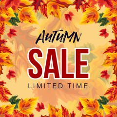 Modern poster with multicolored leaves on yellow background and advertisement of autumn sale