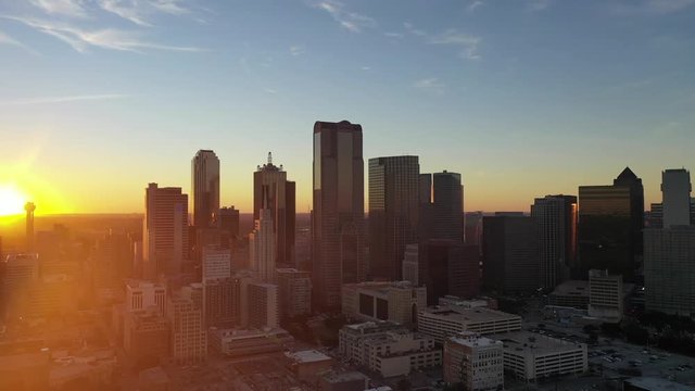 Aerial of Downtown Dallas, Texas at Sunset, 2018