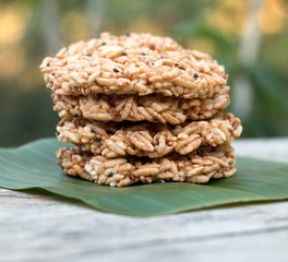 Homemade Round rice cakers on wooden desk
