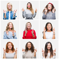 Collage of young beautiful women over isolated background smiling crossing fingers with hope and eyes closed. Luck and superstitious concept.