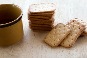 Milk cracker cookies Served with hot coffee on wooden desk ,Time break