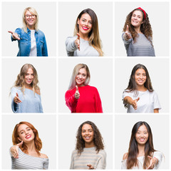 Collage of young beautiful women over isolated background smiling friendly offering handshake as greeting and welcoming. Successful business.