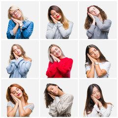 Collage of young beautiful women over isolated background sleeping tired dreaming and posing with hands together while smiling with closed eyes.