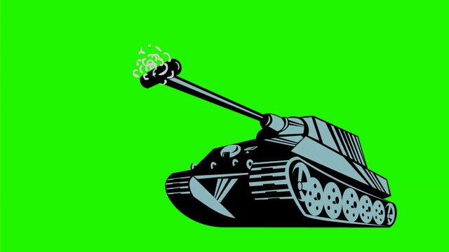 2d Animation motion graphics showing a German world war two panzer battle tank firing upwards from low angle on white screen and green screen in retro style  in HD high definition.