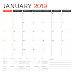 January 2019 desk calendar vector illustration
