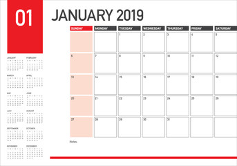 January 2019 desk calendar vector illustration