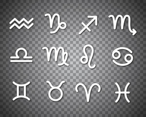 Astrological symbols isolated on transparent background. Star signs for individual astrology horoscope by date of birth. Zodiac calendar collection, mystic birthday constellation vector illustration.