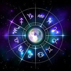 Mystic zodiac wheel with star signs in neon. Astrology circle on cosmic background and moon in middle. Mystic astronomy and fortune telling. Zodiac calendar astrology constellation vector illustration