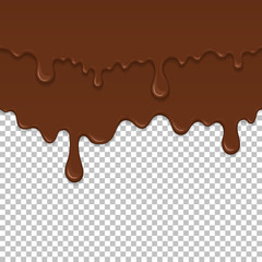 Brown sticky liquid element. Realistic dripping slime isolated object. Dessert background with melted chocolate. Popular kids sensory game. Dark chocolate flowing repeatable vector illustration.