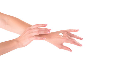 Woman applying moisturizing cream on her hands,Concept healthy and skin