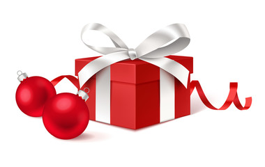 Decorative red gift box with silver bow and Christmas balls isolated on white. Vector illustration