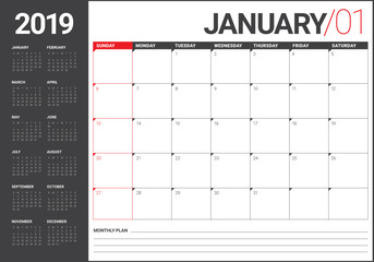 January 2019 desk calendar vector illustration