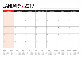 January 2019 desk calendar vector illustration