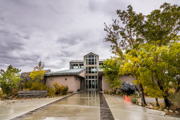 Mono Basin Visitor Center building on a rainy autumn day, Eastern Sierra mountains, California