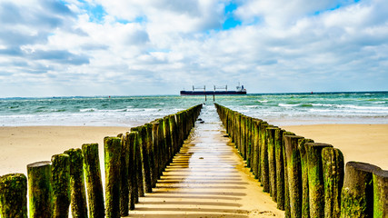 Beach erosion protection with a Large Ocean Freighter coming from the North Sea in the backgroun and heading into in the Westerschelde to the harbor of Vlissingen in Zeeland Province, the Netherlands