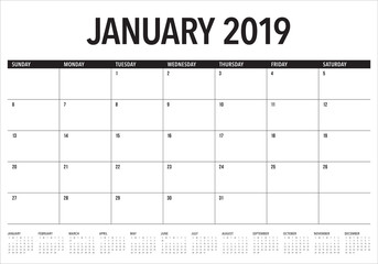 January 2019 desk calendar vector illustration