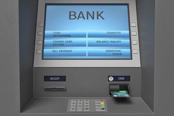 3d rendering of an ATM machine with its screen and button panel in a close view.