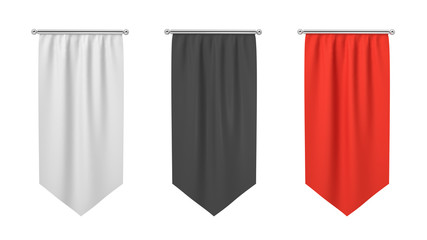 3d rendering of three rectangular black, white and red flags hanging vertically on a white background.