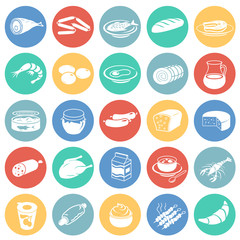 Food set on color circles background icons