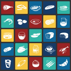 Food set on color squares background icons