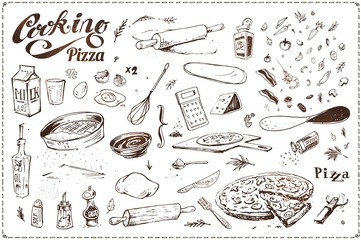 Pizza cooking. Hand drawn vintage vector icons