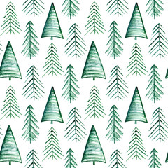 Simple fir-tree pattern isolated. Geometric green forest. Hand-drawn abstract watercolor illustration