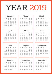 Year 2019 calendar vector design template