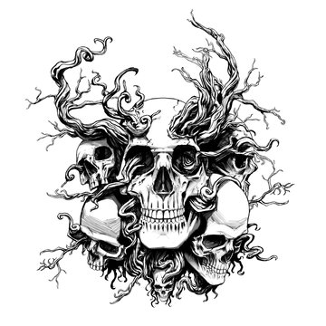 skulls of people in roots