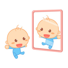 A happy newborn baby is smiling in front of a mirror. Development.