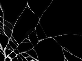 Cracked glass texture on black background. Isolated realistic cracked glass effect.