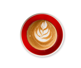 Piccolo Latte art in small glass with red ceramic plate topping beautiful flower art from milk
