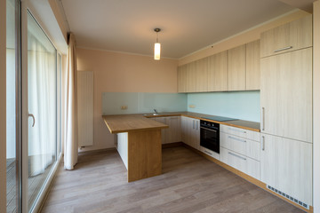 Modern home interior. Fitted kitchen in the house. The interior of the room.