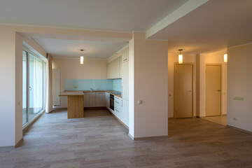 Modern home interior. Fitted kitchen in the house. The interior of the room.