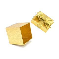 Open gold gift box with gold ribbon.