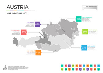 Austria map infographics with editable separated layers, zones, elements and district area in vector