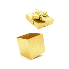 Gold gift box with bow open.