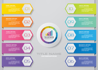 10 steps Timeline infographic element. 10 steps infographic, vector banner can be used for workflow layout, diagram,presentation, education or any number option. EPS10.