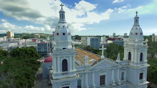 Arial shot around historical church and the city of Ponce in Puerto Rico